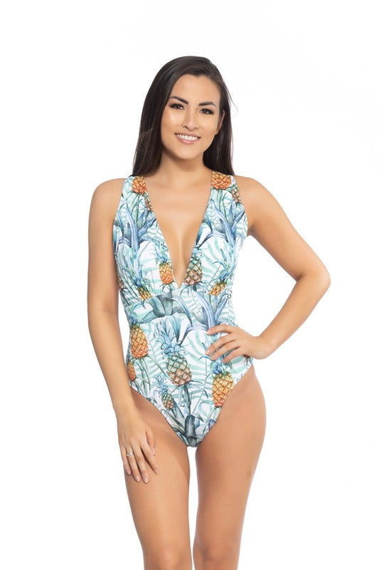 Women's Pineapple Print V Neckline  One Piece Swimsuit Nylon Spandex Size S-L