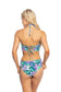 Women's Teal Floral High Neck One Piece Swimsuit Nylon Spandex Size S-L