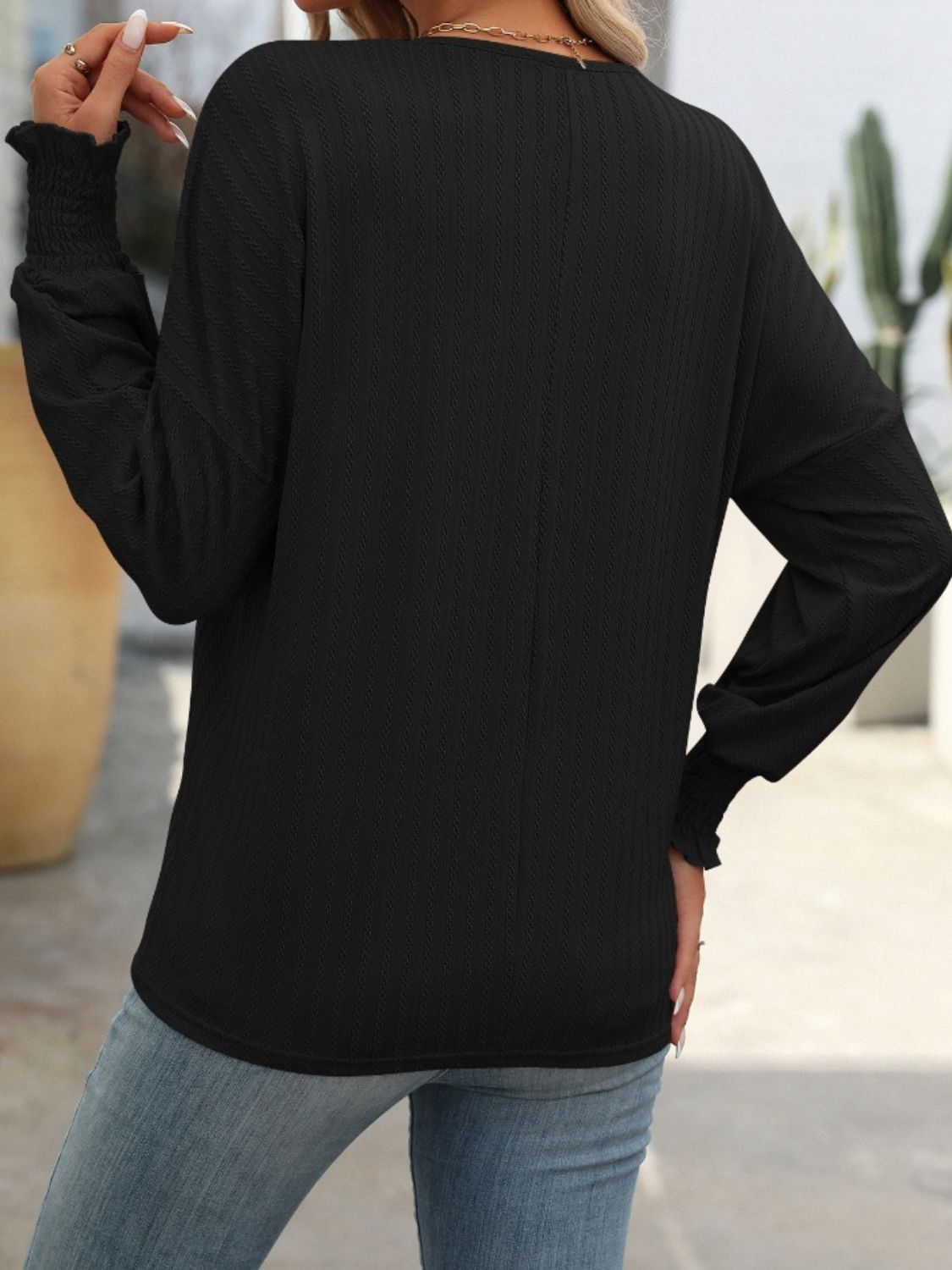 Blueberi B Women's Textured Notched Lantern Sleeve T-Shirt Polyester Spandex Size S-2XL