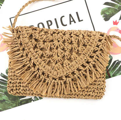 Sofia Woven Straw Foldover Flap Crossbody Bag with Hand-Tied Rattan Edge Detail | Khaki, Straw