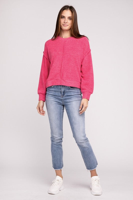 Zenana Clothing Brushed Melange Hacci Hi-Low Hem Sweater