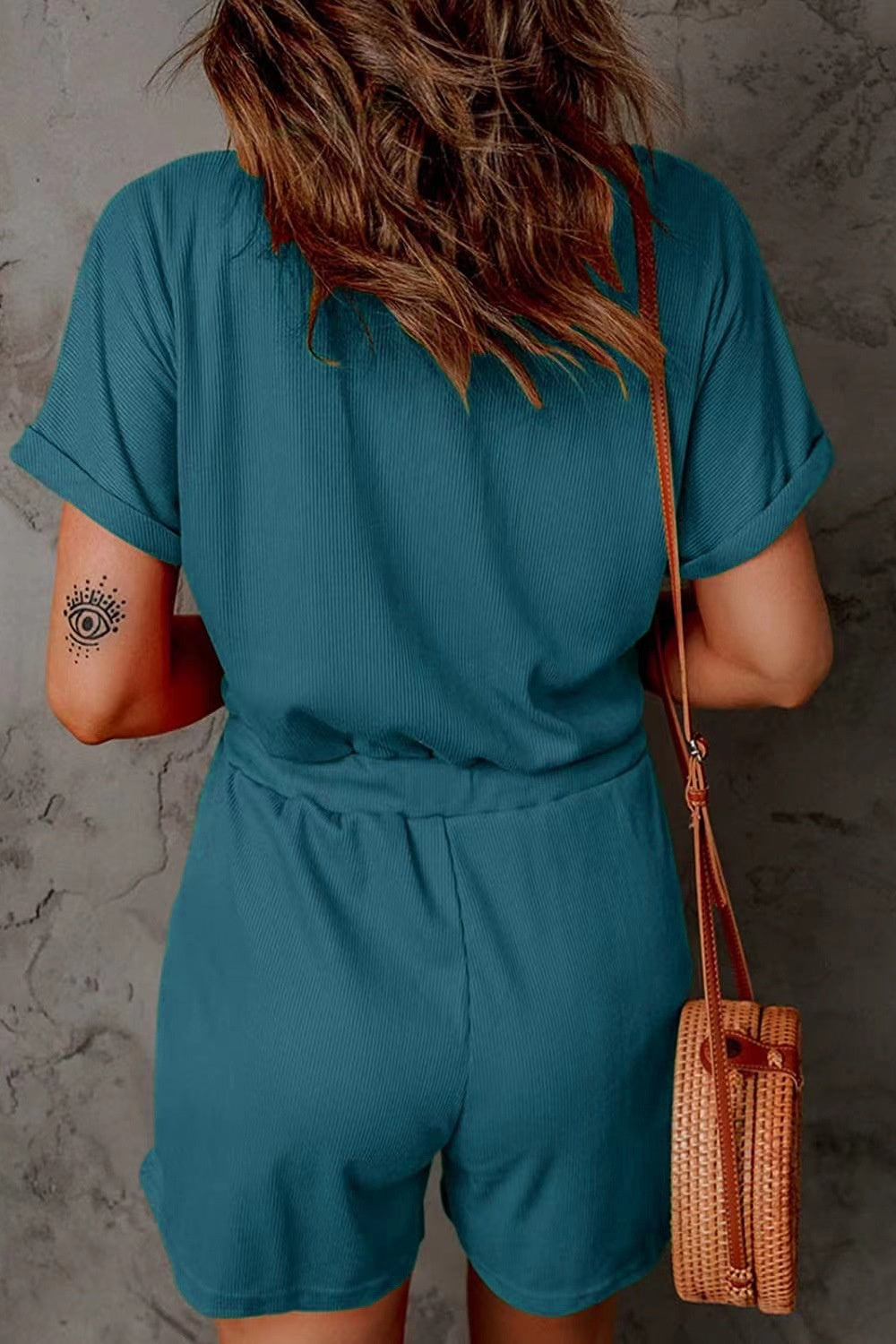 Blueberi B Women's Full Size Drawstring V-Neck Short Sleeve Romper Polyester Spandex Size S-3XL