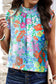 Blueberi B Women's  Ruffled Printed Mock Neck Cap Sleeve Blouse Polyester Size S-XL