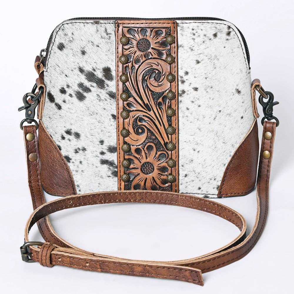 American Darling ADBG596 Speckled Cowhide & Hand-Tooled Leather Western Crossbody Bag | 7" x 9" x 3"