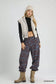 Brown/blue scenic print casual sweatpants with gray zip-up vest over black crop top - Blueberi Boutique