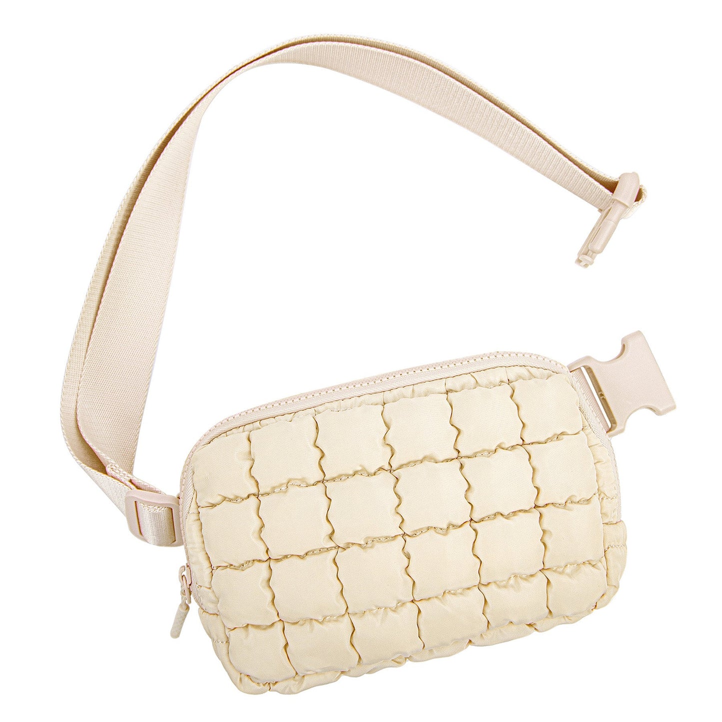 Evyn Quilted Puffer Nylon Sling Crossbody Belt Bag with Mesh Pockets & Adjustable Strap