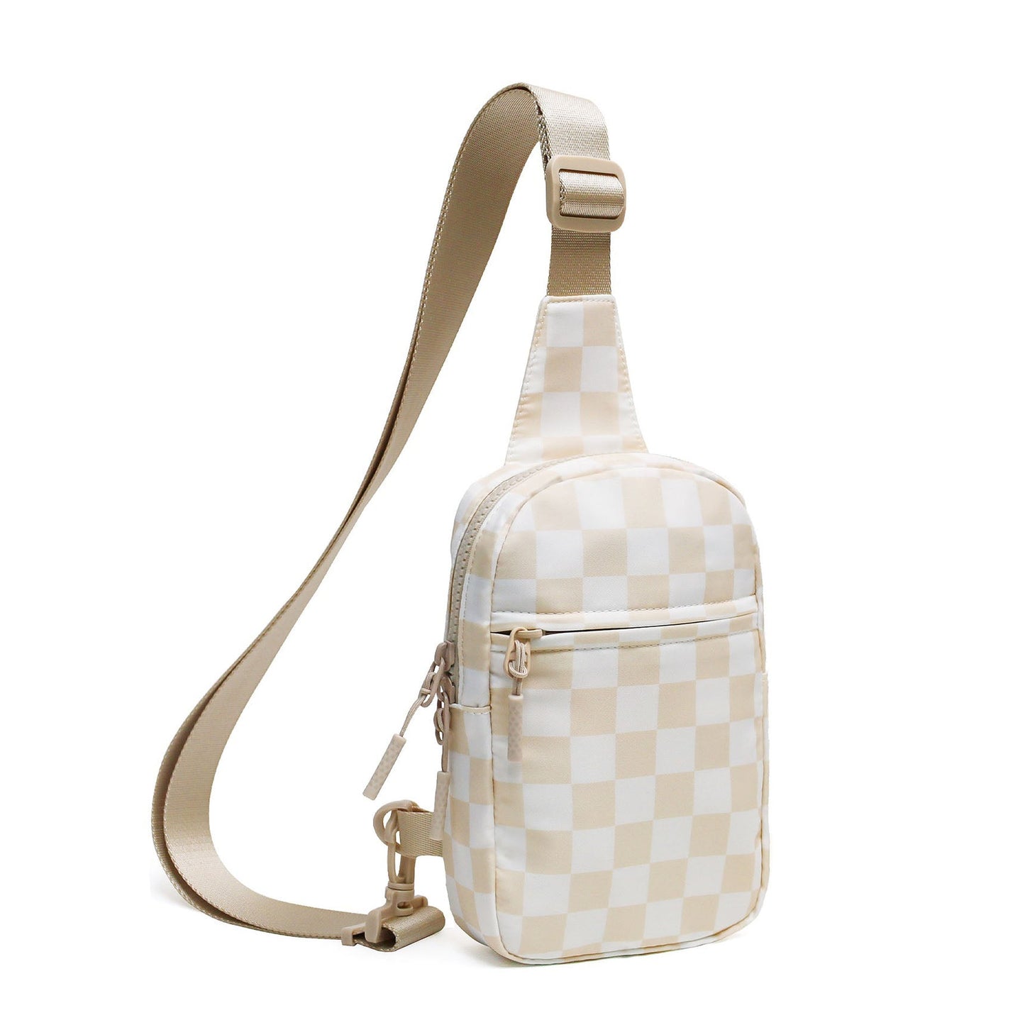 Kenzie Easy-Care Nylon Checkered Sling Crossbody Bag with Card Slots, Hidden Zip Pocket & Double Ring Clasps