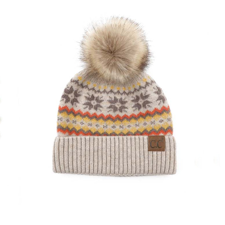C.C® Rayon Nylon Nordic Fair Isle Faux Fur Pom Beanie Hat | One Size