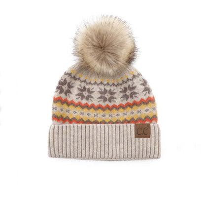 C.C® Rayon Nylon Nordic Fair Isle Faux Fur Pom Beanie Hat | One Size