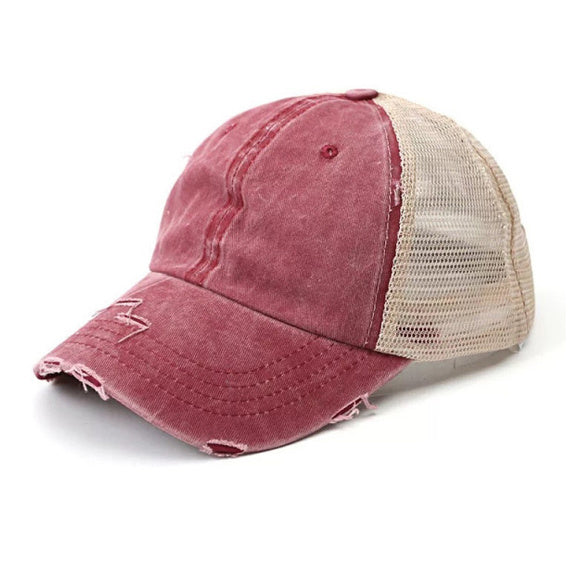 Distressed Cotton Twill Mesh Nylon Messy Bun Ponytail Ball Cap | One Size
