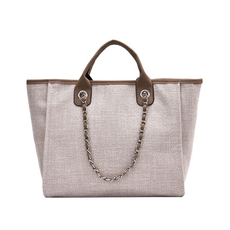 Aili's Corner Edith Tweed Canvas Tote Bag with Vegan Leather Handles & Removable Chain Shoulder Strap | Bisque, Black, Gray