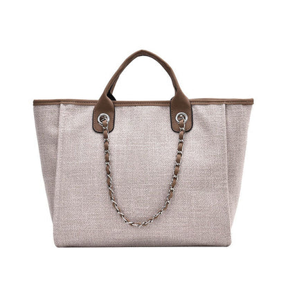 Aili's Corner Edith Tweed Canvas Tote Bag with Vegan Leather Handles & Removable Chain Shoulder Strap | Bisque, Black, Gray