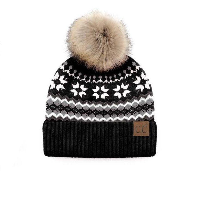 C.C® Rayon Nylon Nordic Fair Isle Faux Fur Pom Beanie Hat | One Size