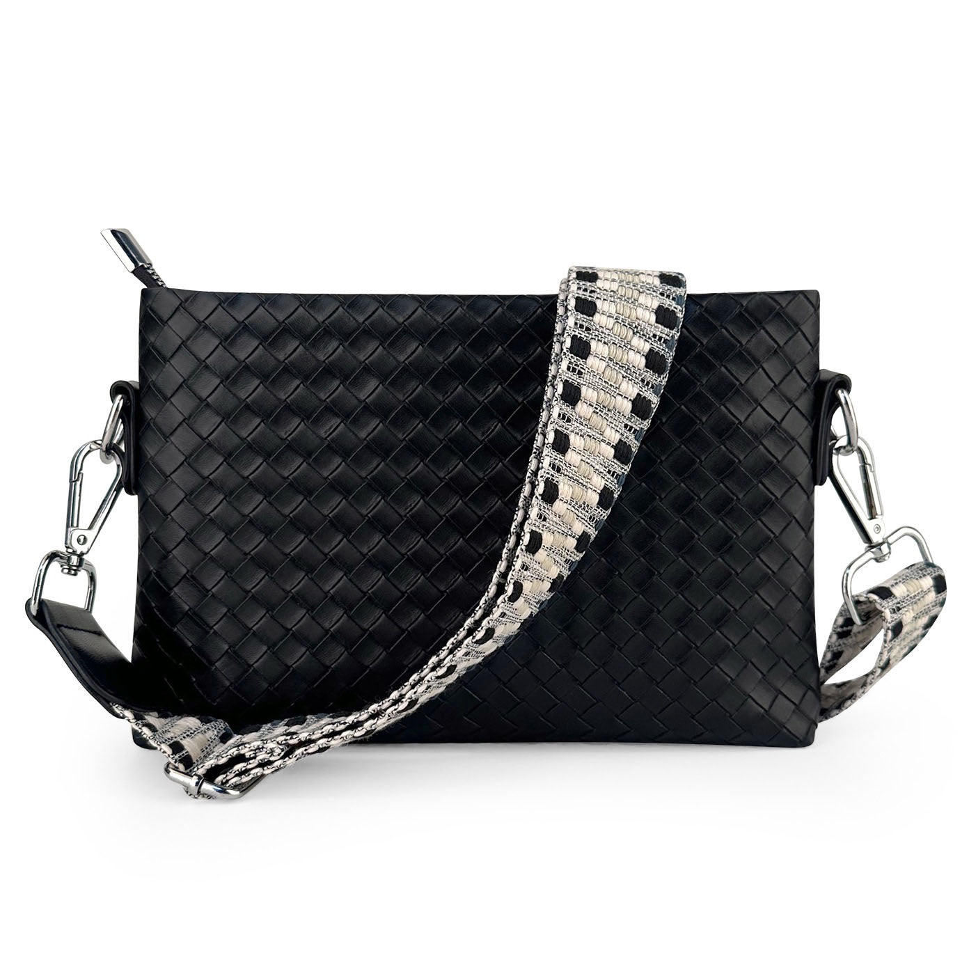 Aili's Corner Kassidy Woven Vegan PU Leather Crossbody Bag with Adjustable Guitar Strap | Black, Cognac, Gray