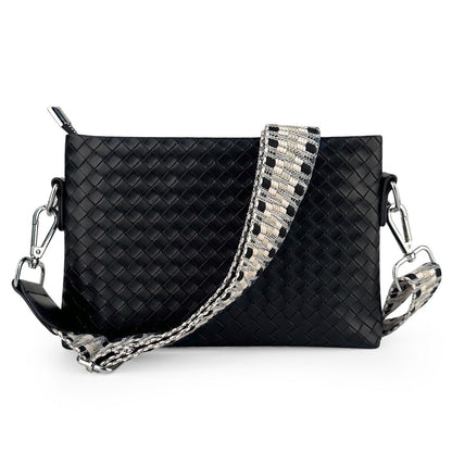 Aili's Corner Kassidy Woven Vegan PU Leather Crossbody Bag with Adjustable Guitar Strap | Black, Cognac, Gray