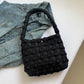 Aili's Corner Maya Basket Weave Puffer Nylon Tote Bag with Snap Closure & Interior Pocket | Almond, Black