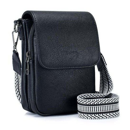 Whitney Vegan PU Leather Foldover Compact Crossbody Bag with Guitar Strap & Card Slots | Black, Cognac, Stone