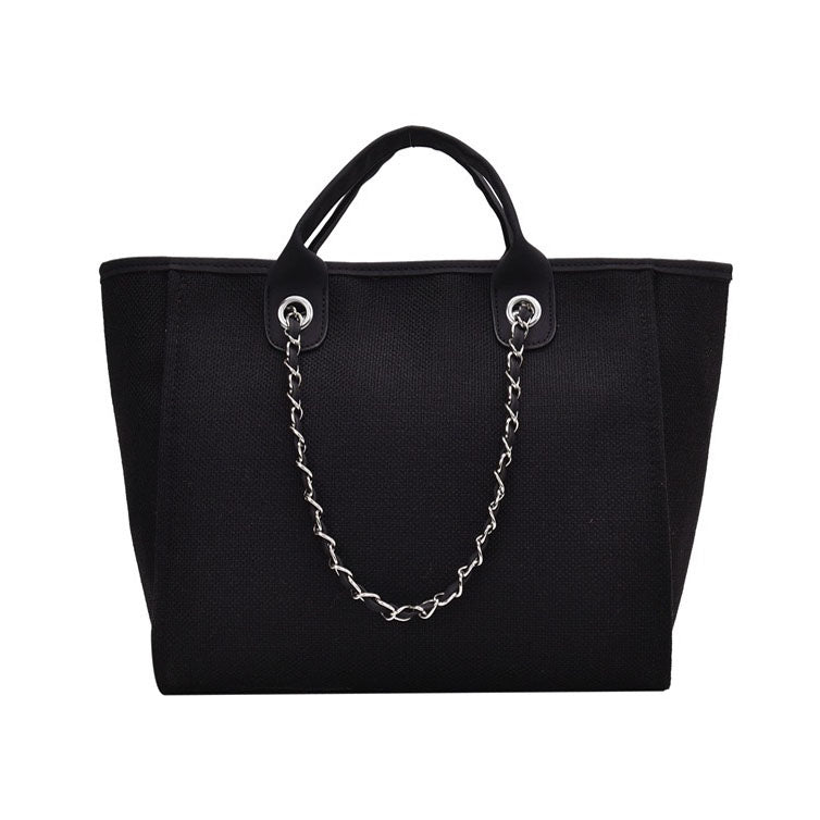Aili's Corner Edith Tweed Canvas Tote Bag with Vegan Leather Handles & Removable Chain Shoulder Strap | Bisque, Black, Gray