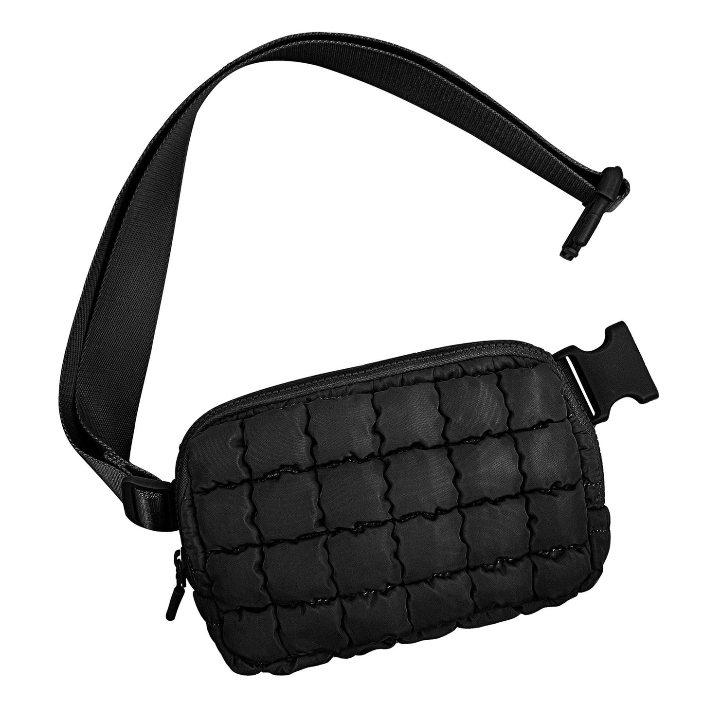 Evyn Quilted Puffer Nylon Sling Crossbody Belt Bag with Mesh Pockets & Adjustable Strap