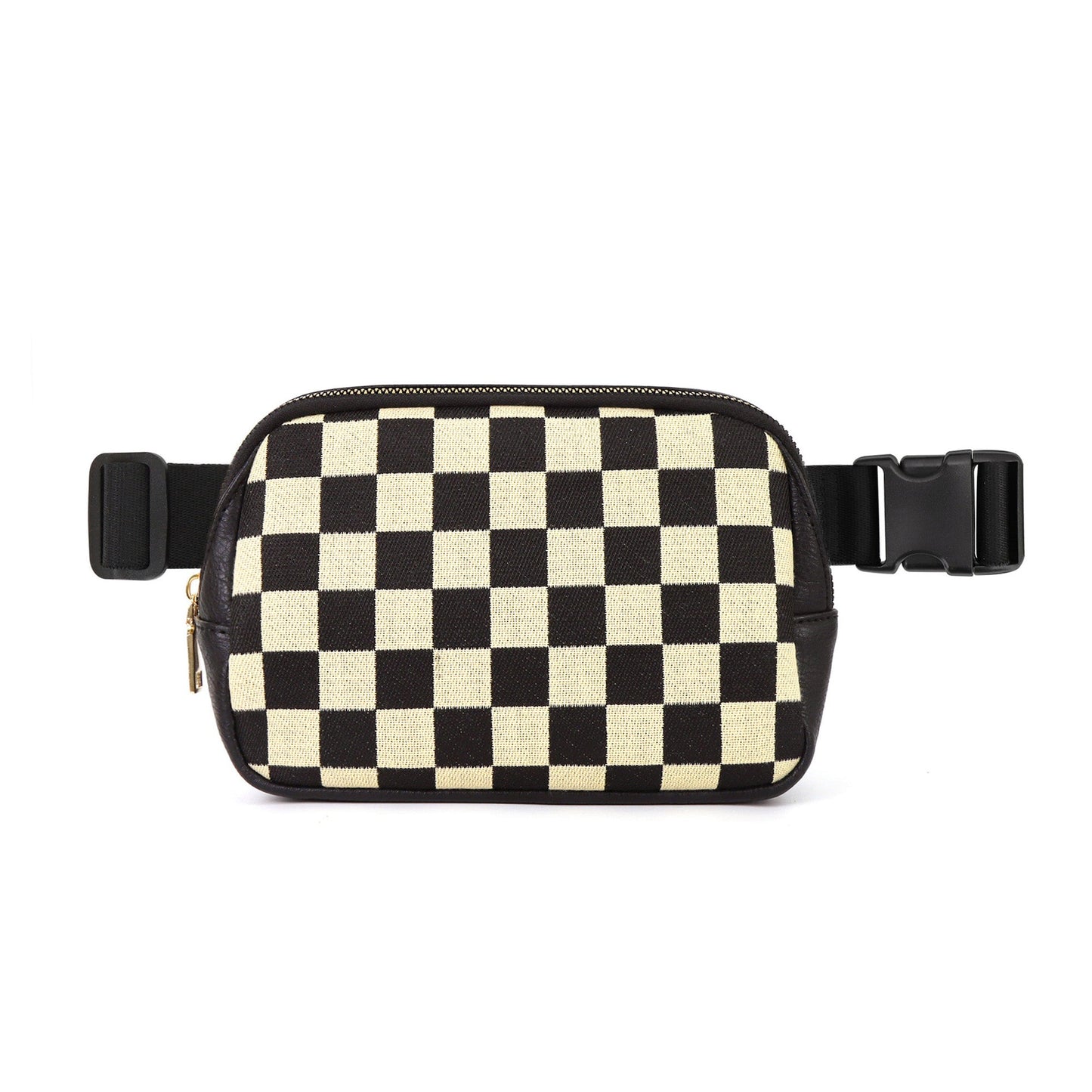 Alva Mixed Media Vegan Leather & Canvas Check Sling Crossbody Belt Bag with Mesh Pockets | Black, Cognac