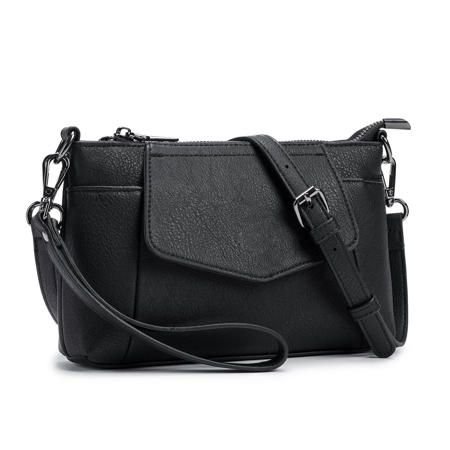 Mayci Convertible Vegan PU Leather Crossbody Clutch with Wristlet, Card Slots & Removable Strap | Black, Cognac, Color Block