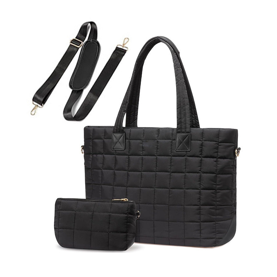 Mila Quilted Easy-Care Nylon Traveler Tote with Padded Laptop Sleeve & Mini Clutch