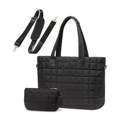 Mila Quilted Easy-Care Nylon Traveler Tote with Padded Laptop Sleeve & Mini Clutch