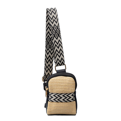 Naomi Vegan Leather & Woven Straw Mixed Media Guitar Strap Sling Bag