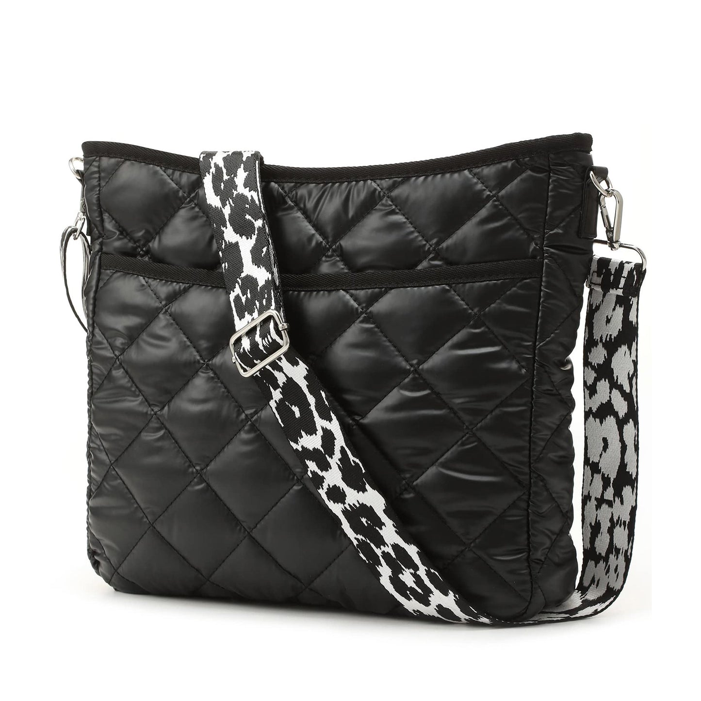 Jenna Quilted Puffer Nylon Leopard Guitar Strap Crossbody Bag