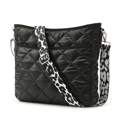 Jenna Quilted Puffer Nylon Leopard Guitar Strap Crossbody Bag