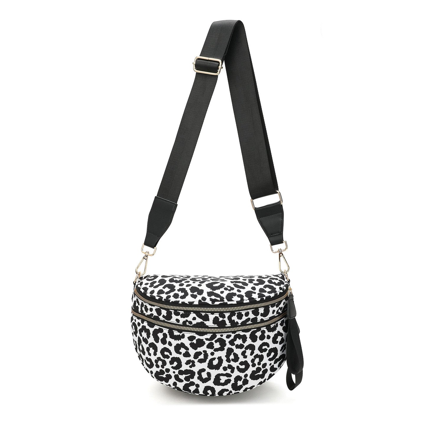 Dylan Oversized Leopard Print Double Zip Crescent Sling Bag with Vegan Leather Accents & Adjustable Strap