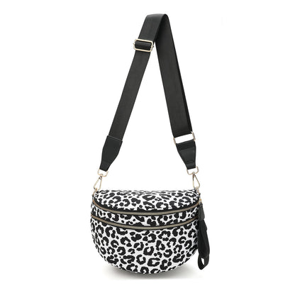 Dylan Oversized Leopard Print Double Zip Crescent Sling Bag with Vegan Leather Accents & Adjustable Strap