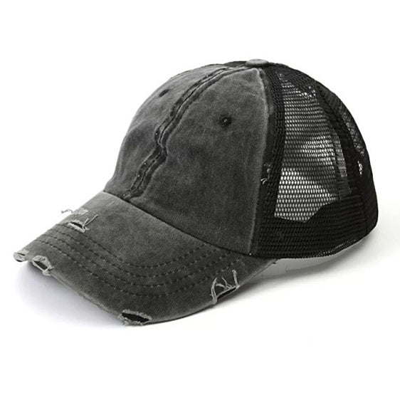 Distressed Cotton Twill Mesh Nylon Messy Bun Ponytail Ball Cap | One Size