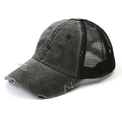 Distressed Cotton Twill Mesh Nylon Messy Bun Ponytail Ball Cap | One Size