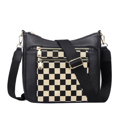 Ashley Mixed Media Vegan Leather & Canvas Checkered Crossbody Bag with Multiple Pockets | Black Check, Cognac Check