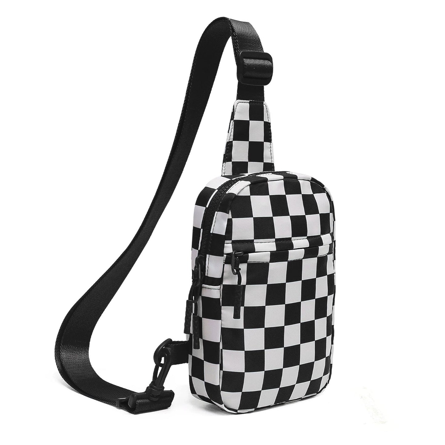 Kenzie Easy-Care Nylon Checkered Sling Crossbody Bag with Card Slots, Hidden Zip Pocket & Double Ring Clasps