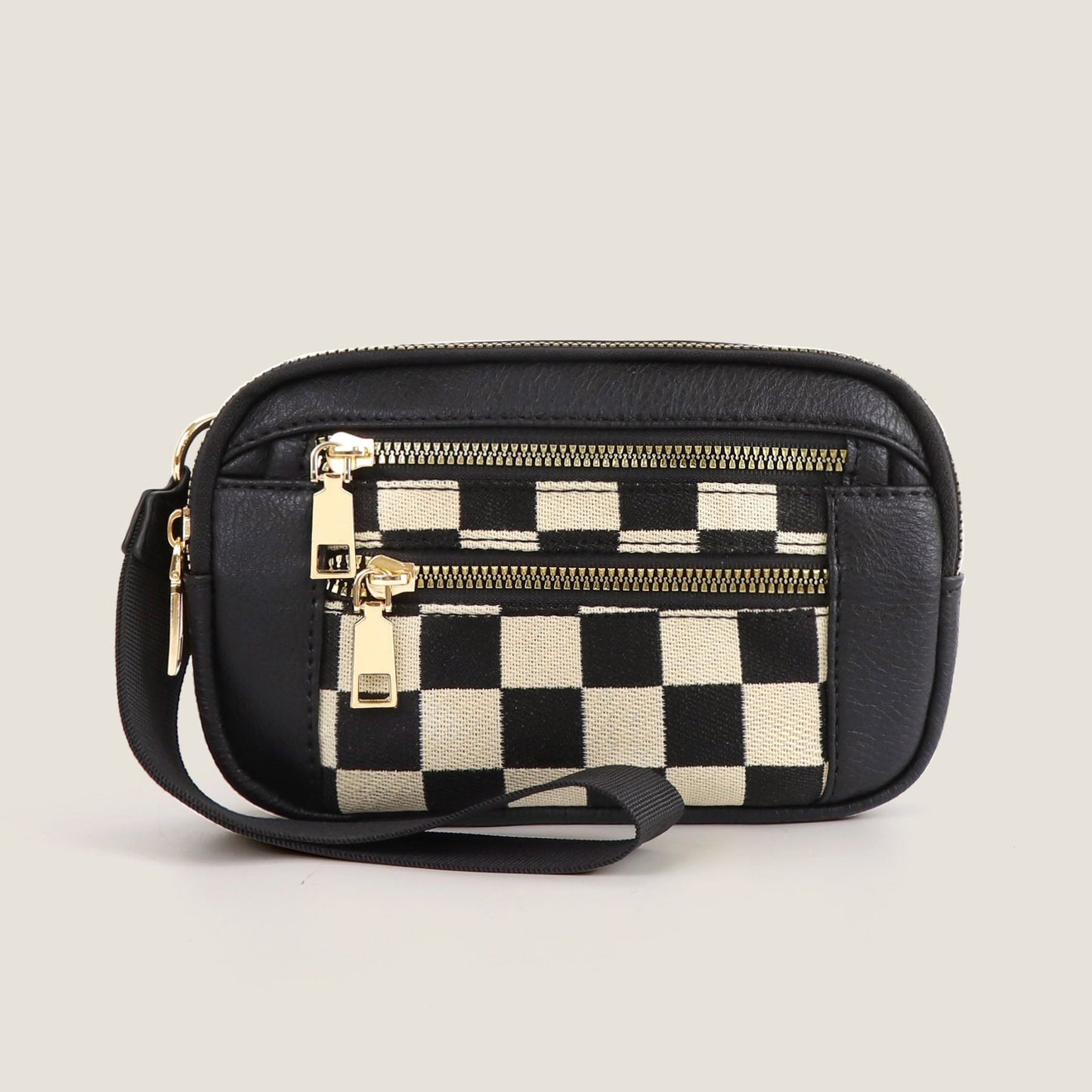 Aili's Corner Blake Mixed Media Vegan Leather & Canvas Check Wallet Pouch with Wristlet & Card Slots | Black Check, Cognac Check