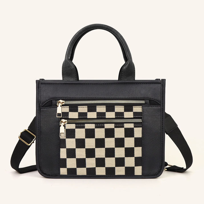Aili's Corner Jordan Mixed Media Vegan Leather & Canvas Tote Bag with Crossbody Strap & Multiple Pockets | Black, Black Check, Cognac, Cognac Check