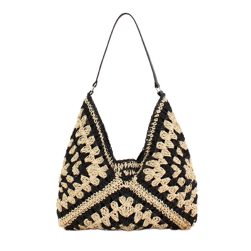 Dahlia Woven Straw Shoulder Bag with Vegan Leather Strap & Magnetic Clasp | Black Multi, Khaki, Khaki Multi, Straw