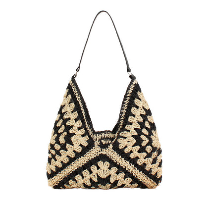 Dahlia Woven Straw Shoulder Bag with Vegan Leather Strap & Magnetic Clasp | Black Multi, Khaki, Khaki Multi, Straw