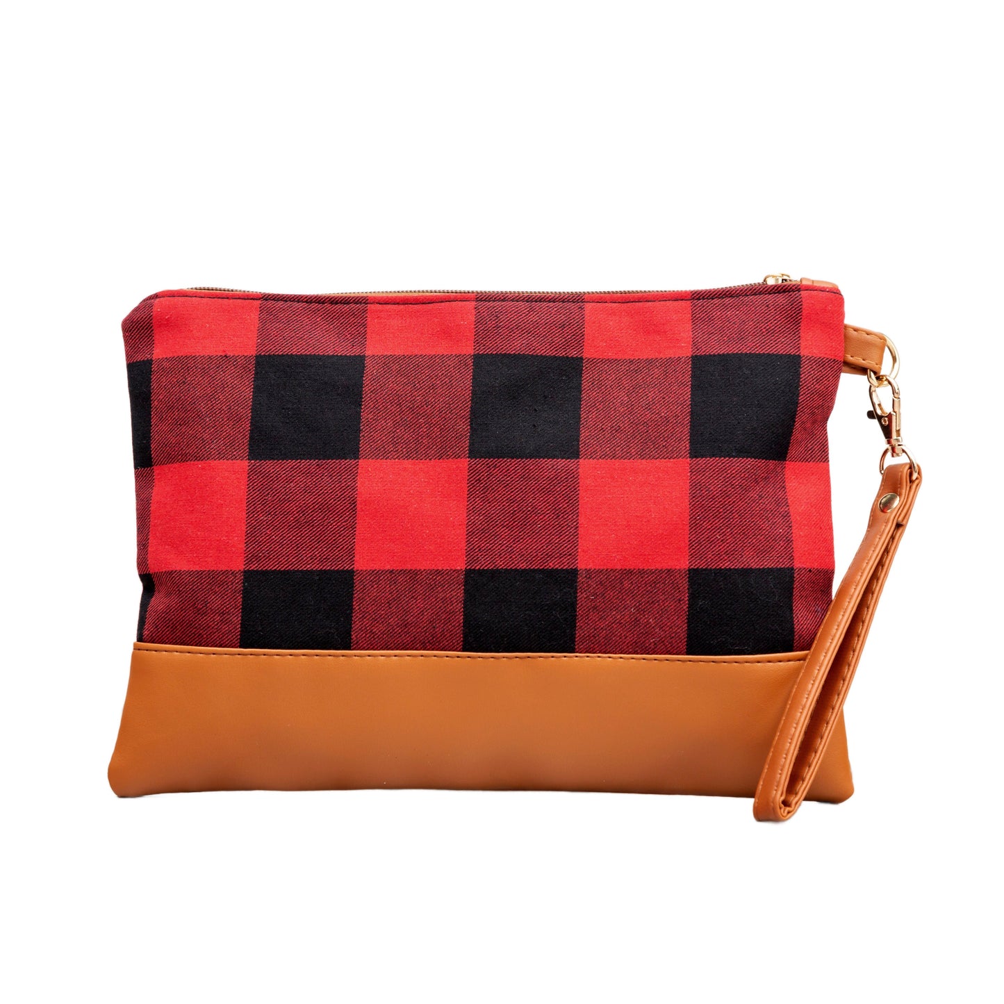 Cotton Buffalo Plaid PU Leather Trim Removable Wristlet Zip Pocket Clutch | 7.5" x 10.5"