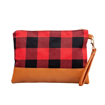 Cotton Buffalo Plaid PU Leather Trim Removable Wristlet Zip Pocket Clutch | 7.5" x 10.5"