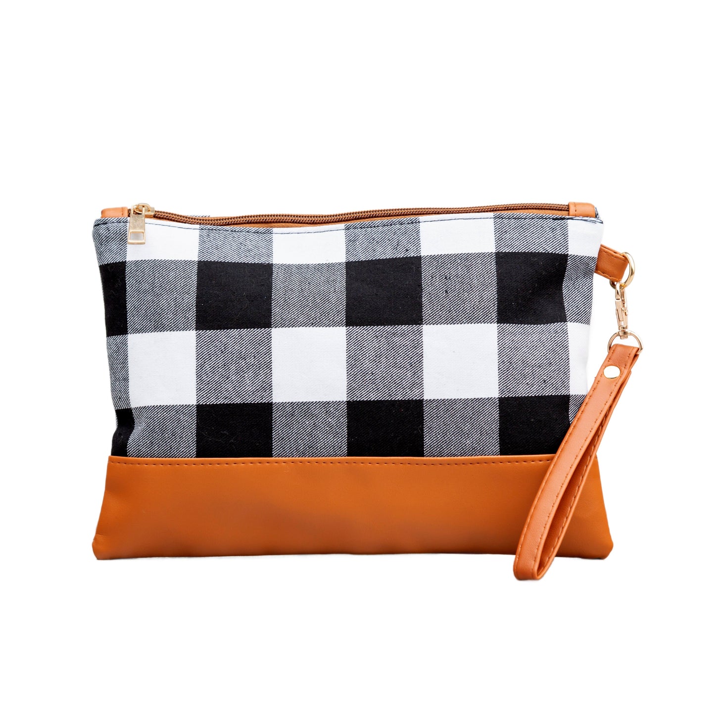 Cotton Buffalo Plaid PU Leather Trim Removable Wristlet Zip Pocket Clutch | 7.5" x 10.5"
