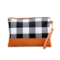 Cotton Buffalo Plaid PU Leather Trim Removable Wristlet Zip Pocket Clutch | 7.5" x 10.5"