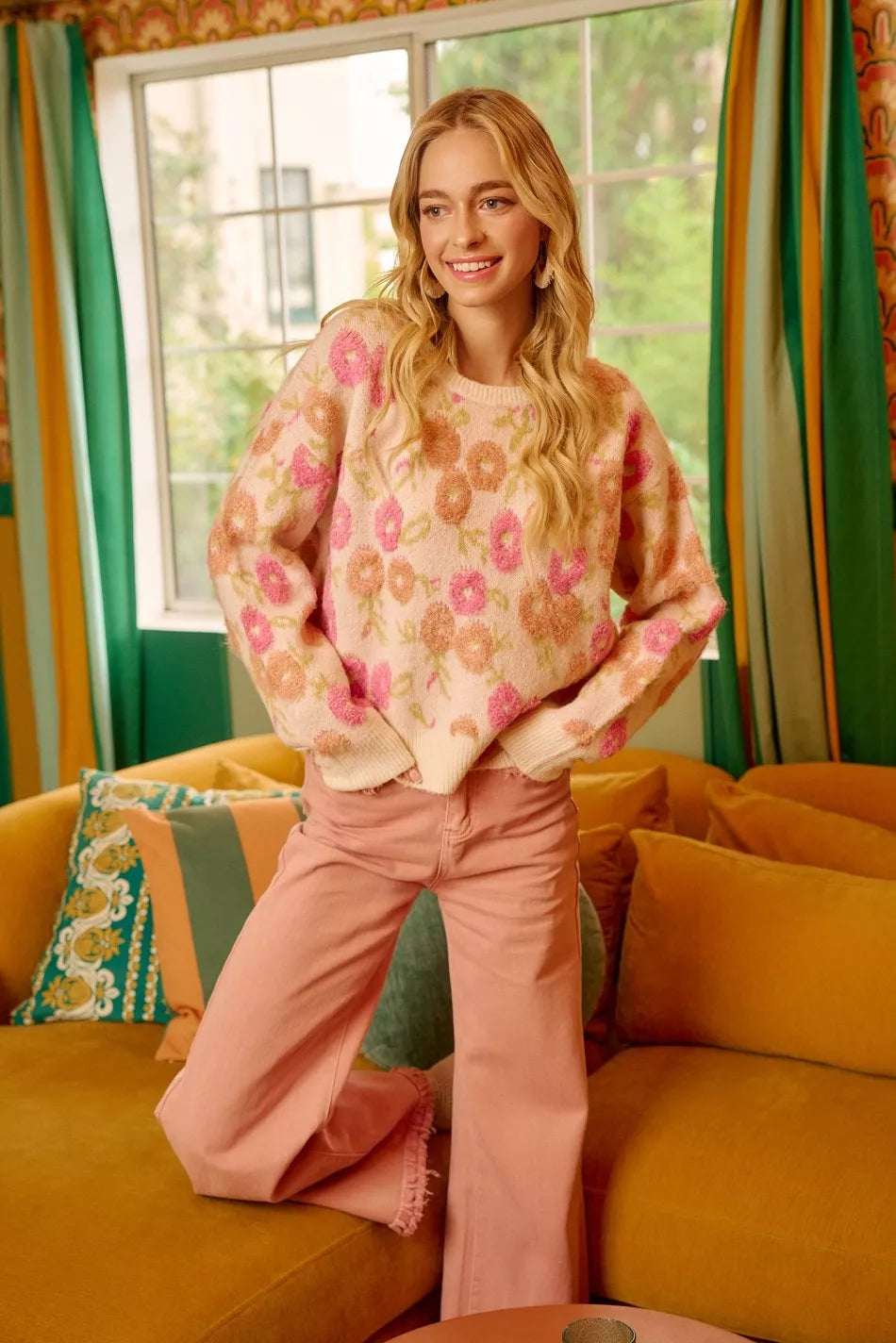 BiBi Towel Texture Floral Pattern Sweater Acrylic Polyester Spandex Sizes S-XL