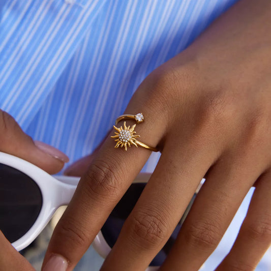 Blueberi B 18K Gold-Plated Zircon Sun Bypass Ring Adjustable Gold-Plated Stainless Steel Zircon