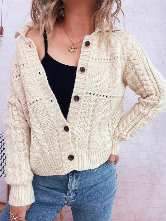 Blueberi B Openwork Cable Knit Button-Up Cardigan Acrylic Spandex One Size