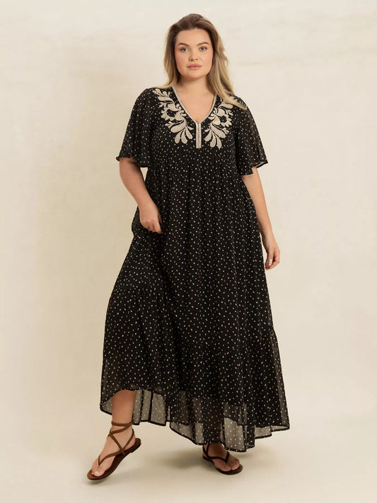 Blueberi B Plus Size Printed V-Neck Flutter Sleeve Maxi Dress Polyester Sizes 0XL-4XL