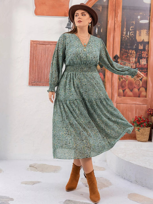 Blueberi B Plus Size Printed V-Neck Long Sleeve Midi Dress Polyester Sizes 0XL-3XL