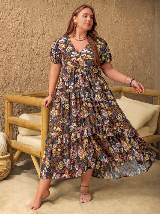 Blueberi B Plus Size V-Neck Short Sleeve Midi Dress Viscose Sizes 0XL-4XL